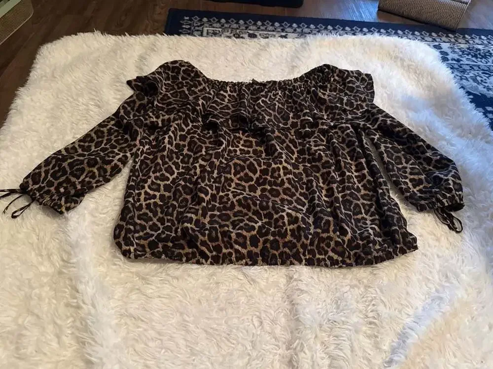 Michael Michael Kors Leopard Print Off the‎ Shoulder Ruffle Blouse XL